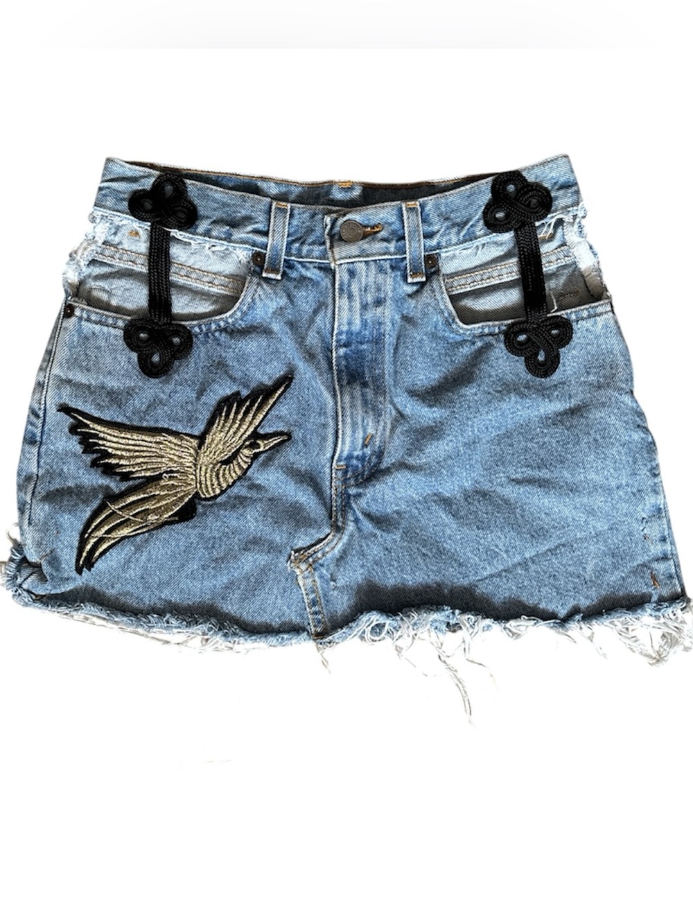 Reworked Vintage Levi’s 550 Gold Bird Embroidered Mini Skirt